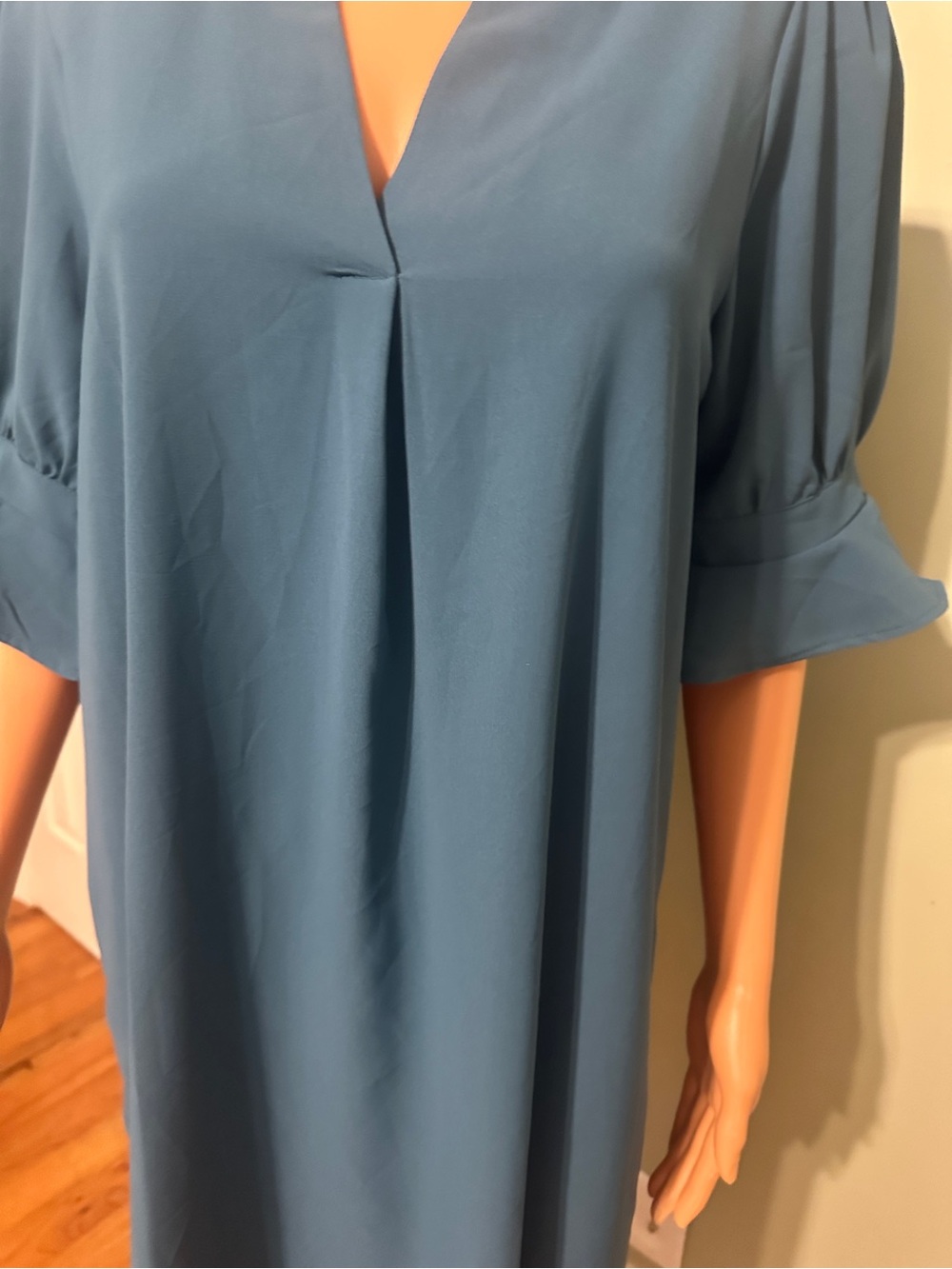 Teal V-Neck Shift Dress with Ruffle Sleeves